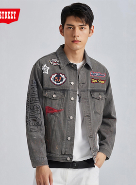 第五街5th street男装春秋宽松时尚绣章牛仔夹克外套350551-221