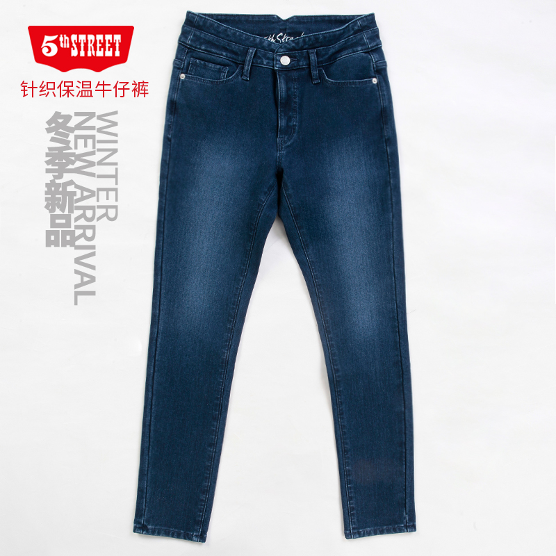 第五街直筒裤高腰加绒保暖牛仔裤