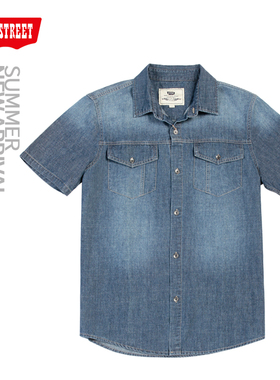 第五街5th street新款男装宽松休闲复古短袖牛仔衬衫340833-242