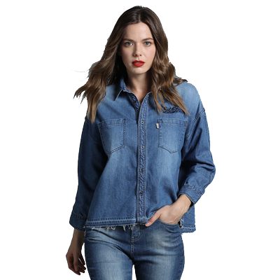 第五街新款休闲风毛边牛仔衬衫