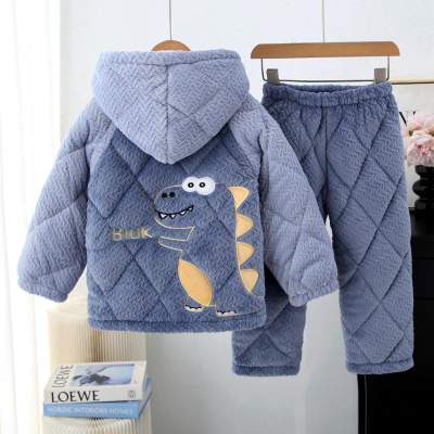 儿童保暖睡衣冬款法兰绒加厚加绒连帽恐龙三层夹棉家居服套装男童