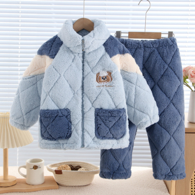 儿童睡衣冬季三层加厚夹棉法兰绒加厚男孩拉链立领中大童家居服