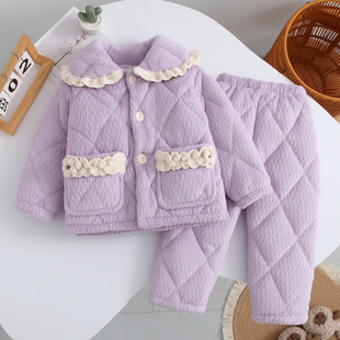 儿童睡衣冬季三层加厚夹棉法兰绒家居服套装女童可爱公主风可外穿