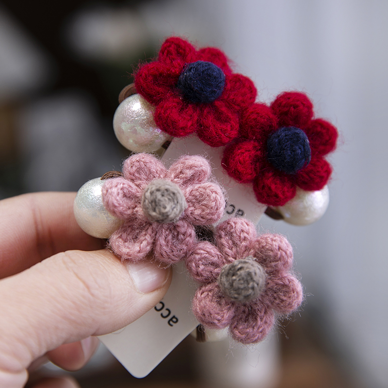 韩版女童毛线小花头花马尾皮筋