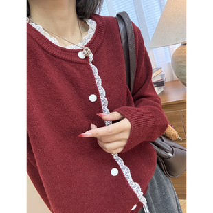 【温柔简讯】圆领蕾丝花边针织开衫女早春宽松设计感慵懒长袖毛衣