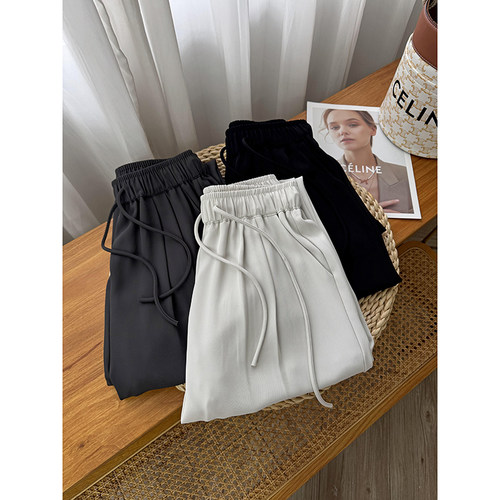 高腰抽绳阔腿直筒裤女