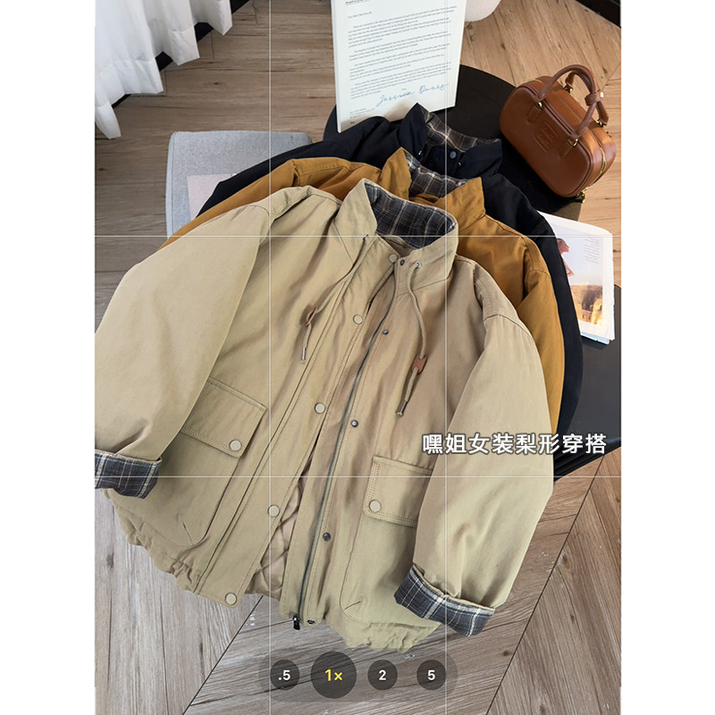 【风行者】复古休闲百搭拼接格子抽绳加厚保暖棉服工装外套女冬