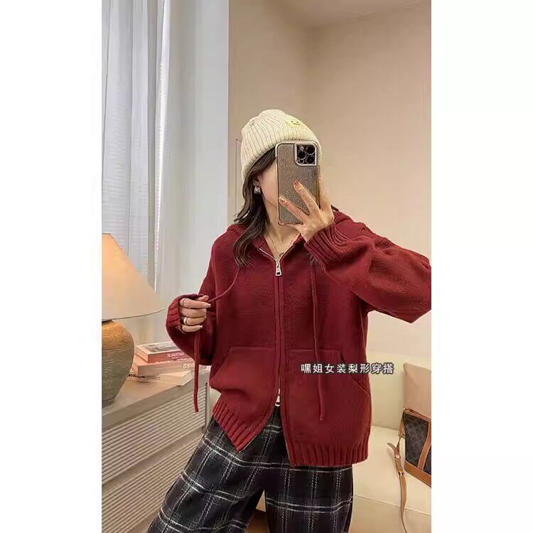 交响曲】双拉链抽绳连帽针织开衫女秋冬加厚叠穿宽松显瘦外穿毛衣