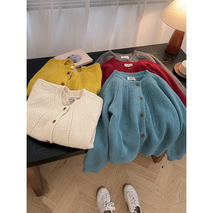 韩系新款简约百搭显瘦圆领麻花纹加厚保暖针织毛衣开衫女秋冬