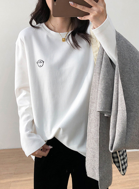 春秋内里磨毛刺绣卡通圆领打底衫女韩版百搭宽松显瘦加厚长袖T恤