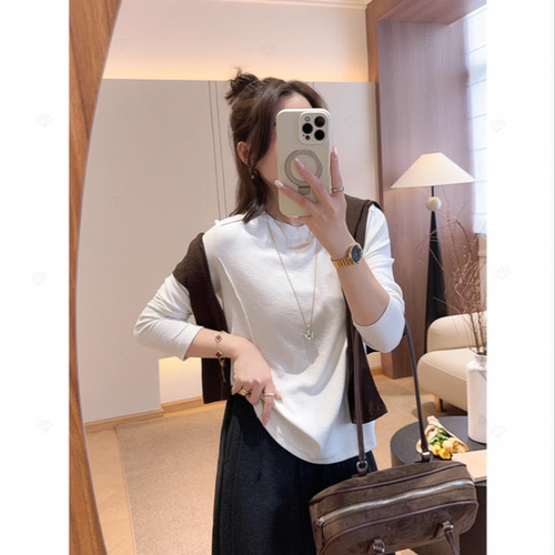小腰精结构T~韩系简约百搭宽松显瘦鱼骨线圆领长袖T恤打底女装秋