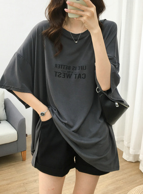 夏季韩版凉爽铜氨丝宽松BF风休闲字母印花短袖T恤女大码半袖上衣