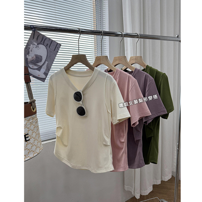 短袖休闲常规褶皱棉女
