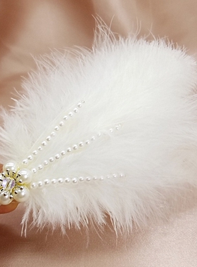 原创森系白色复古羽毛发夹汉服毛毛发饰珍珠古风头饰发卡毛绒对夹