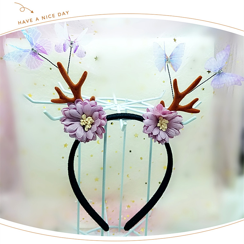 原创圣诞元素蝴蝶发箍儿童大人头饰森系仙女可爱棕色鹿角发饰