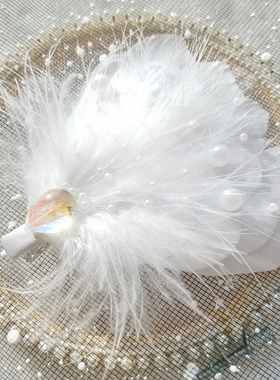 原创设计复古白色黑色羽毛珍珠发饰旗袍发夹演出头饰汉服森系边夹