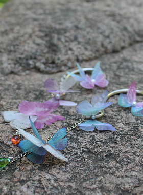 原创设计薄纱蝴蝶蓝色立体流苏耳挂合金耳钩后耳挂坠古风拍照耳饰
