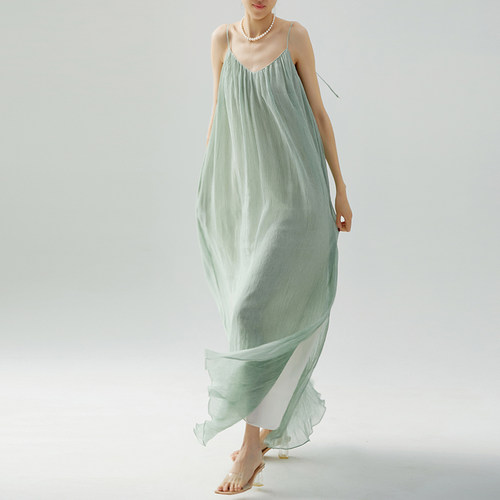 cicidream手染真丝吊带超长裙