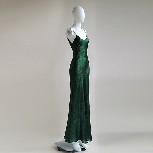 cicidream墨绿吊带超长连衣裙