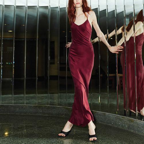 cicidream酒红色铜氨丝连衣裙