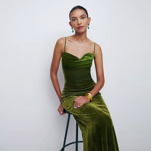 cicidream真丝绒修身连衣裙