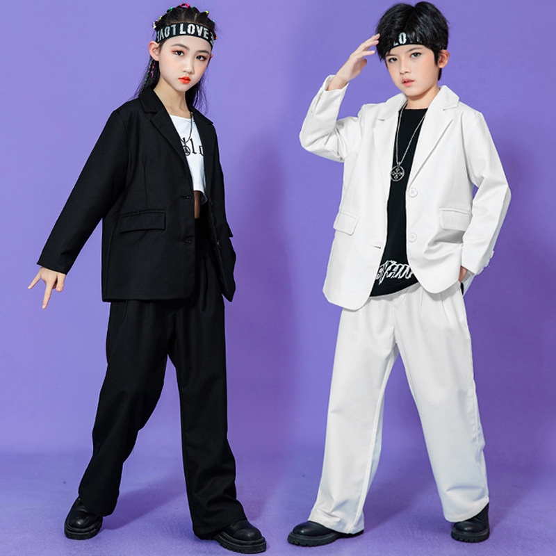 街舞衣服男童女童西装套装机械舞白色爵士演出服儿童popping服装