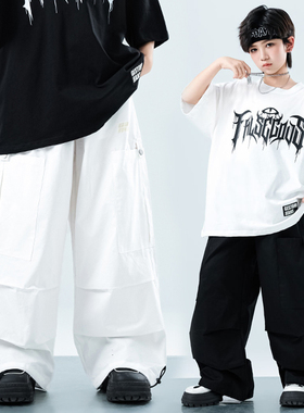 街舞裤子男童嘻哈宽松夏季黑色白色女童长裤儿童阔腿裤jazz爵士舞