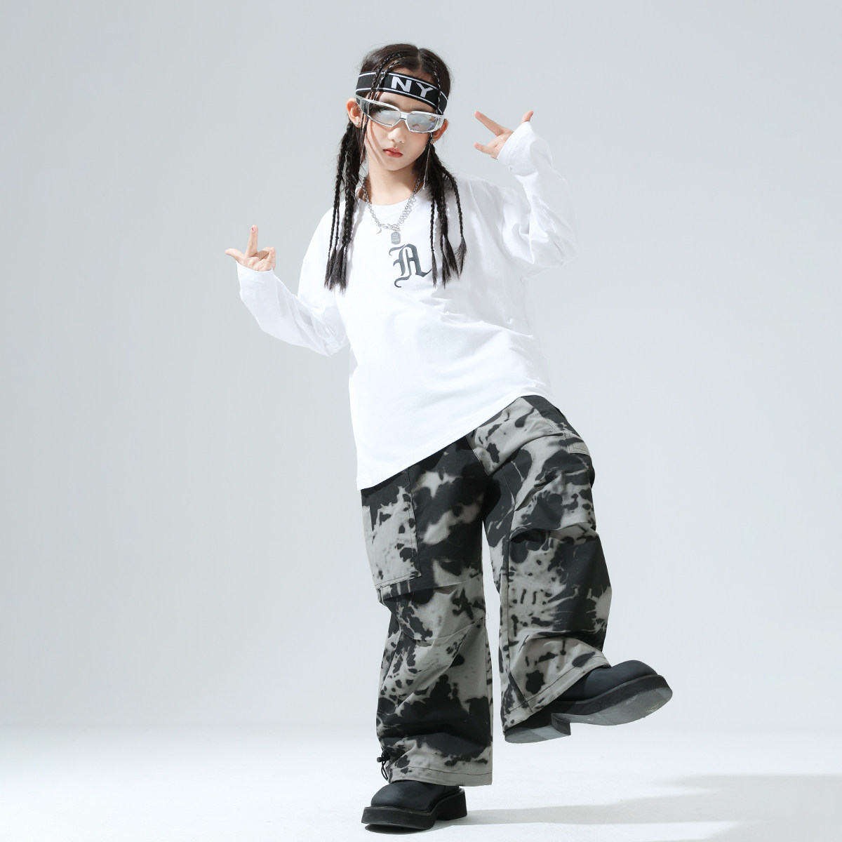 儿童街舞潮服男童白色长袖t恤宽松嘻哈潮酷帅气套装女童练功服酷