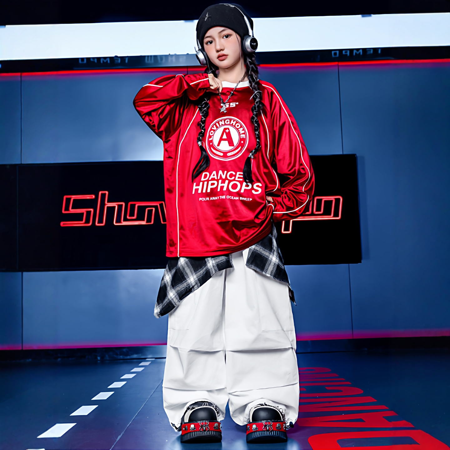 儿童演出服红色男童街舞潮帅气