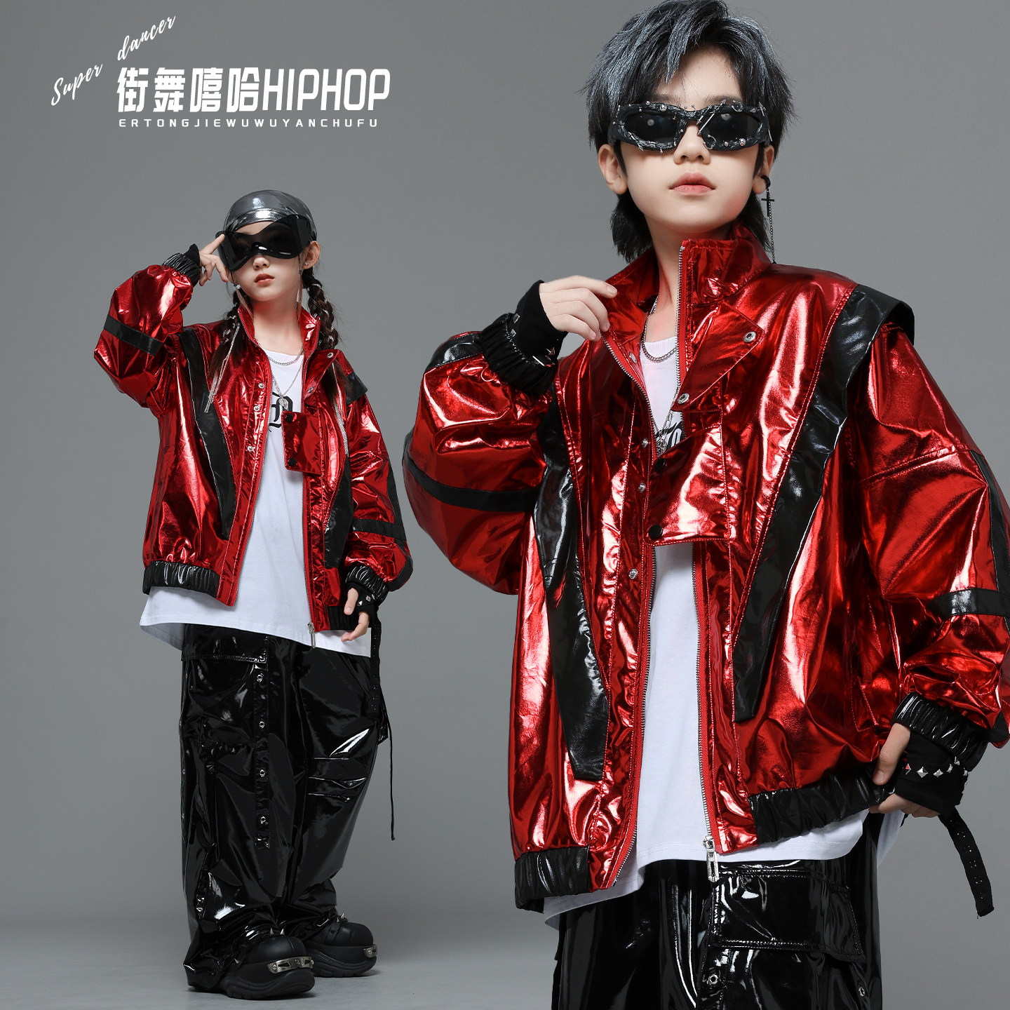 男童架子鼓演出服舞台嘻哈红色皮衣外套机车服秋冬儿童街舞套装潮