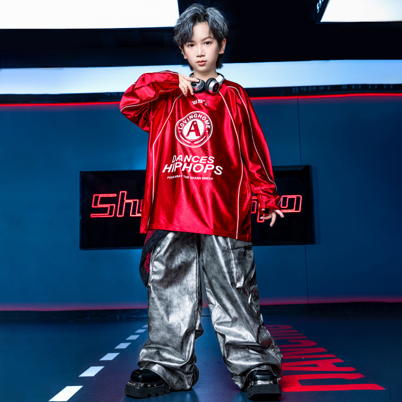 红色演出服儿童女童舞蹈现代舞架子鼓表演服装男童街舞上衣长袖