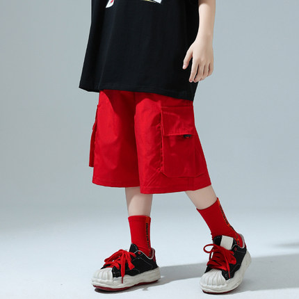 红色运动短裤男童工装女童儿童街舞裤子夏天嘻哈宽松hiphop舞蹈潮