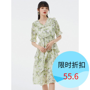 撤柜夏季 新品 牌折扣女装 专柜正品 深圳南油温柔风碎花裙雪纺连衣裙