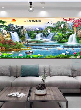 客厅装饰画发财鹿沙发背景墙画新中式挂画山水画现代简约晶瓷镶钻