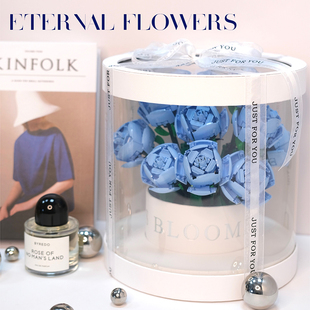 中国积木蓝色玫瑰花束礼盒永生仿真朵情人节女生家居摆件拼装礼物