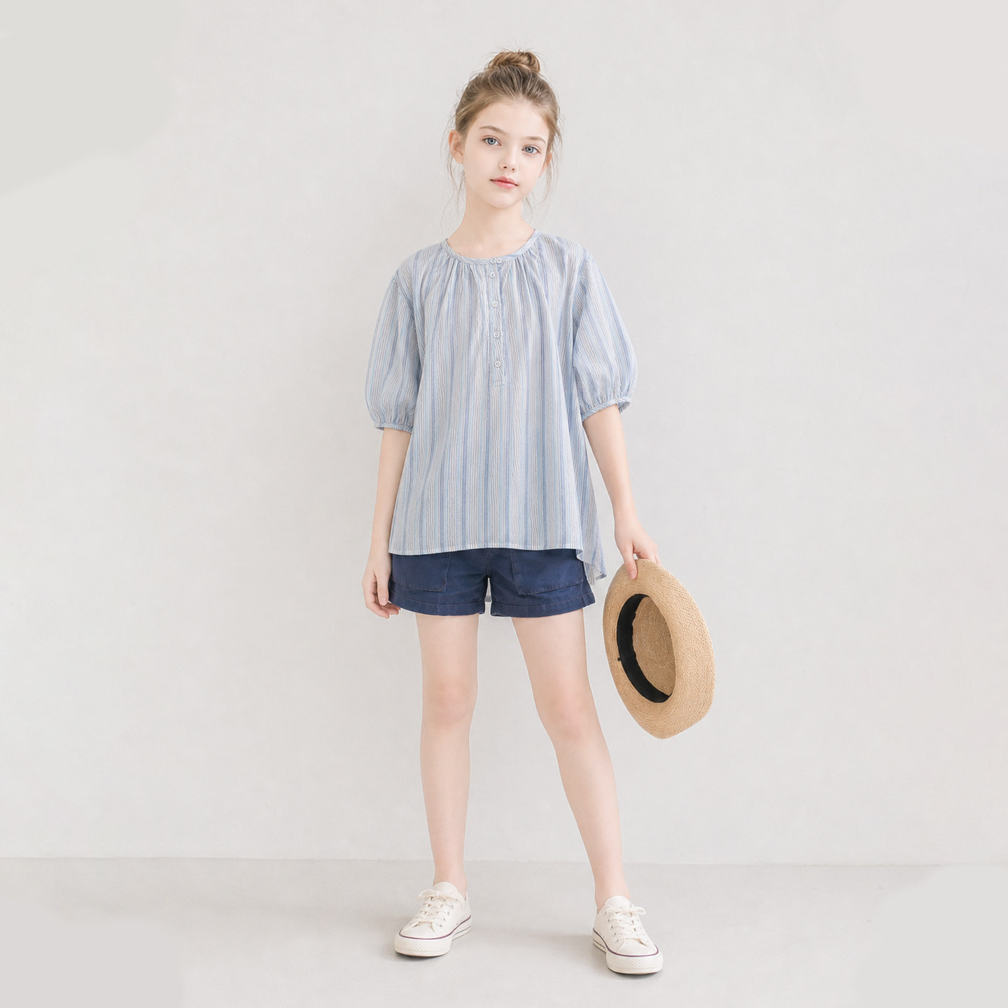 Caicaiai设计感童装蓝色条纹衬衣服夏季中童女生纯棉上衣629+717