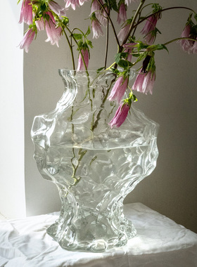 OOOOH北欧陨石花瓶不规则手工吹制琉璃花瓶雪柳手球插花家居摆件