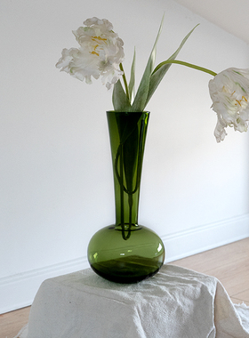 OOOOH中古法式琉璃绿色长颈玻璃花瓶蝴蝶兰吊钟马醉木水培花器