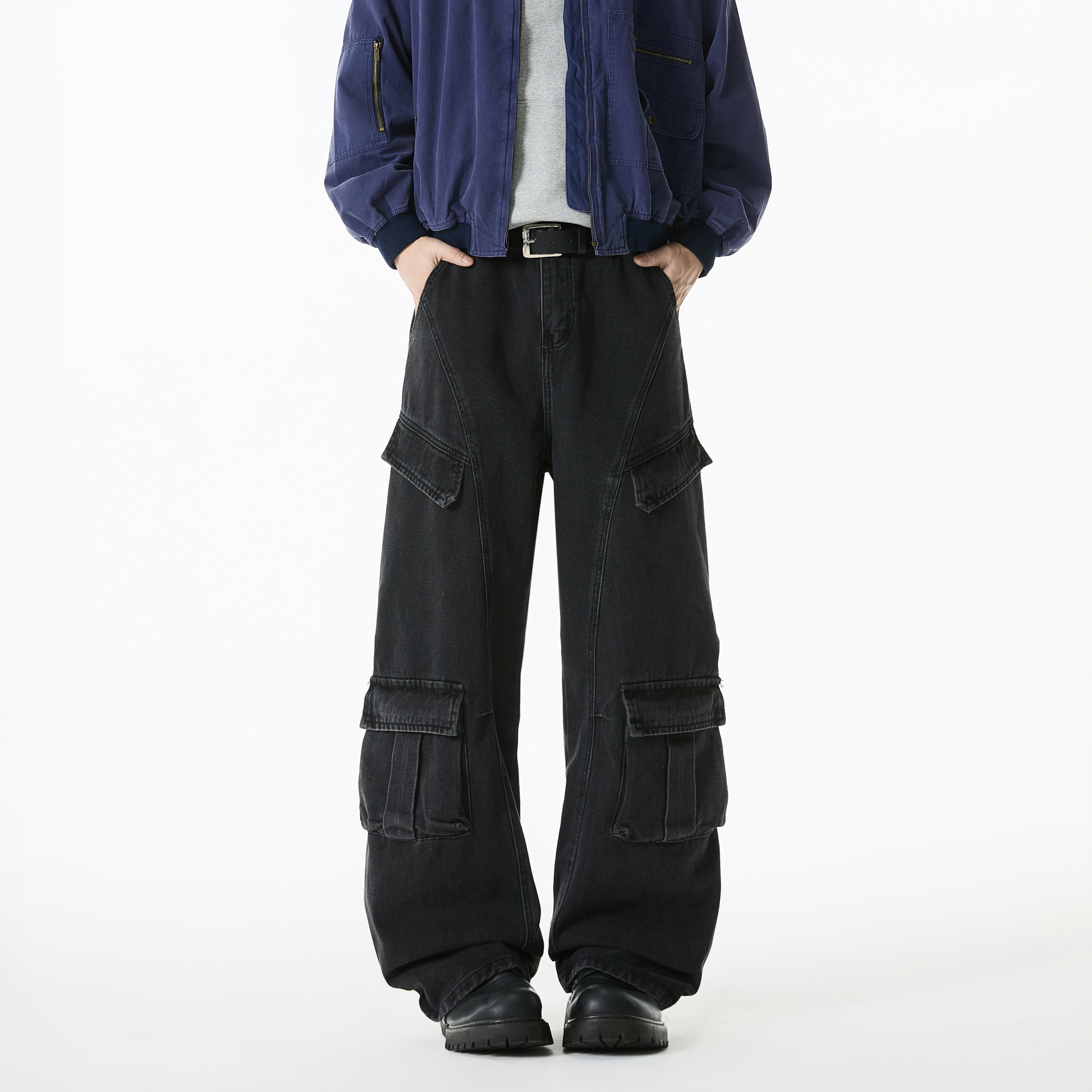 多口袋工装牛仔裤男春秋新款直筒宽松阔腿裤高腰垂感拖地黑色长裤,男装,休闲裤,淘宝优惠券,粉丝福利购,淘宝优惠卷