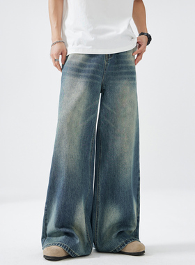 美式复古蓝色牛仔裤男款春夏2026新款高腰垂感直筒宽松拖地阔腿裤