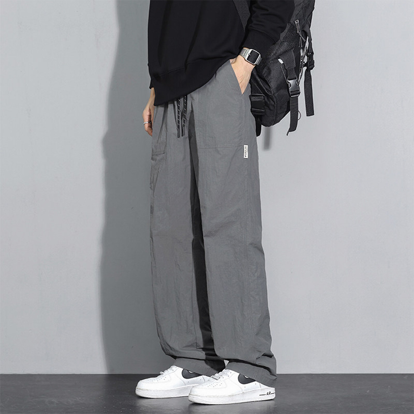 灰色直筒休闲裤男春秋2026新款抽绳高腰阔腿裤宽松显瘦户外登山裤,男装,休闲裤,淘宝优惠券,粉丝福利购,淘宝优惠卷
