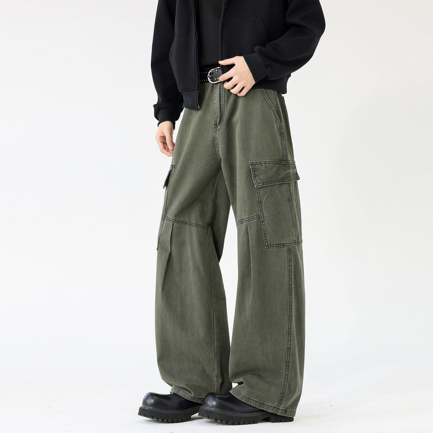 纯棉军绿色多口袋工装裤男春秋后松紧高腰阔腿裤宽松垂感休闲长裤,男装,休闲裤,淘宝优惠券,粉丝福利购,淘宝优惠卷