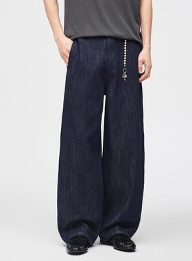 深蓝色原牛牛仔裤男春夏2026新款高腰宽松显瘦垂感拖地弯刀阔腿裤