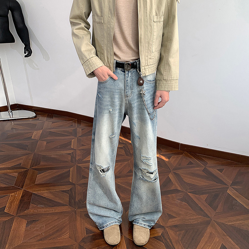浅蓝色破洞微喇牛仔裤男春秋潮牌痞帅高腰宽松显瘦垂感拖地阔腿裤,男装,牛仔裤,淘宝优惠券,粉丝福利购,淘宝优惠卷