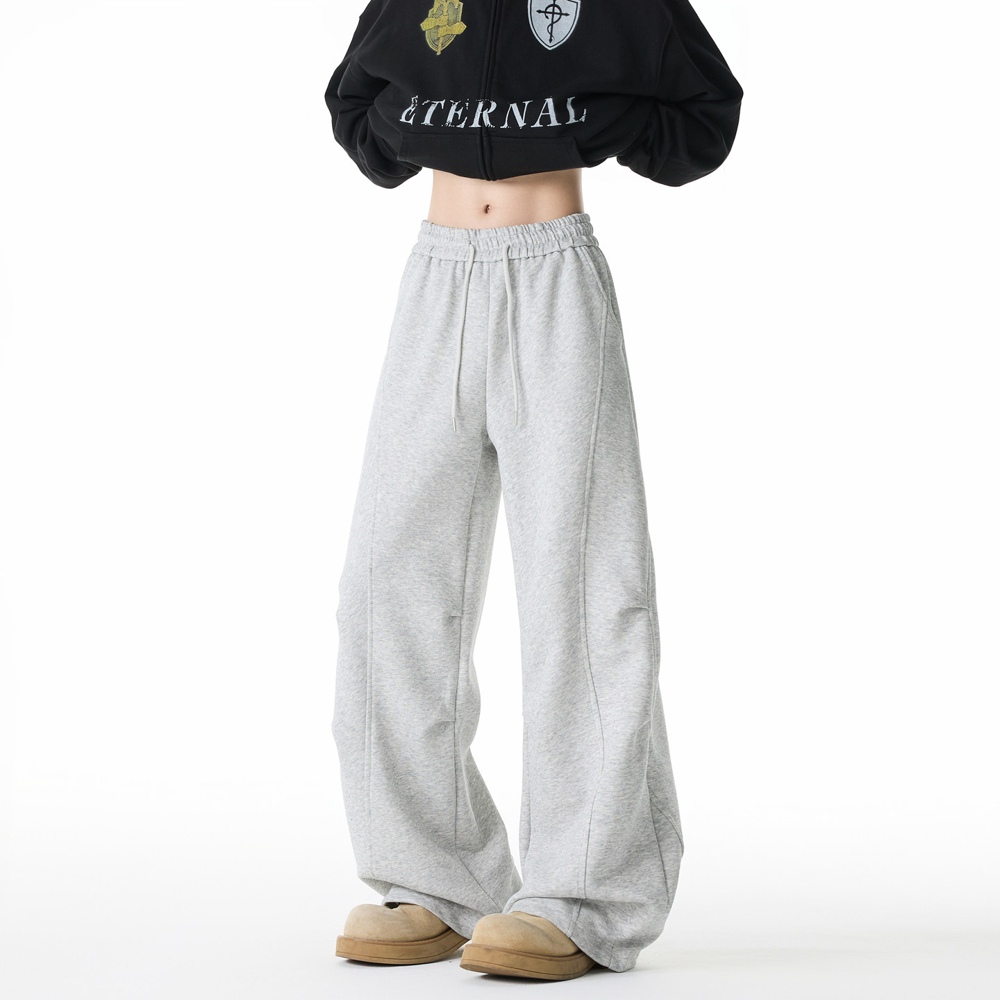 美式灰色运动裤男款春秋抽绳松紧高腰阔腿裤垂感宽松直筒休闲卫裤,男装,休闲裤,淘宝优惠券,粉丝福利购,淘宝优惠卷