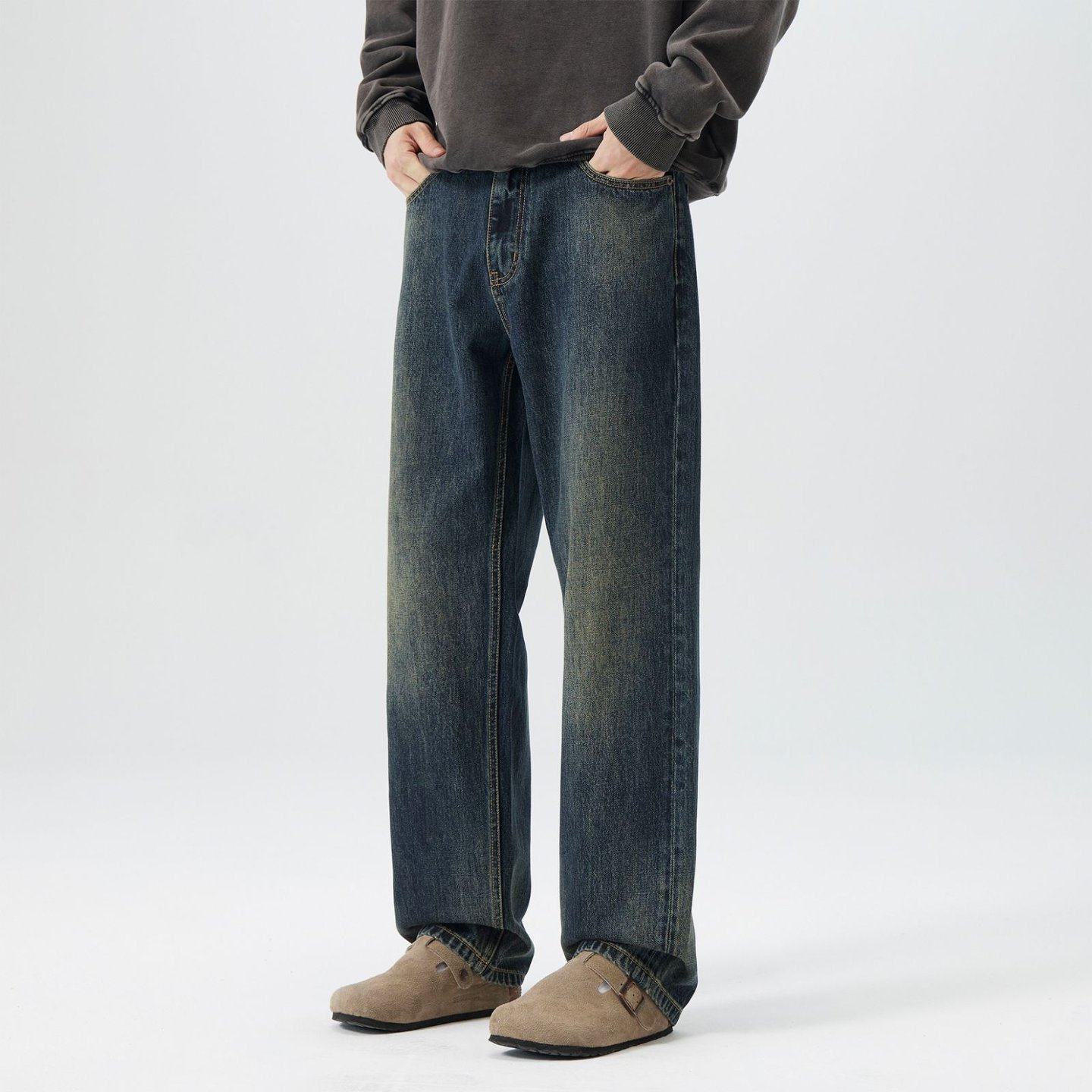 复古水洗做旧牛仔裤男春秋2026新款高腰阔腿裤宽松显瘦窄版直筒裤,男装,牛仔裤,淘宝优惠券,粉丝福利购,淘宝优惠卷