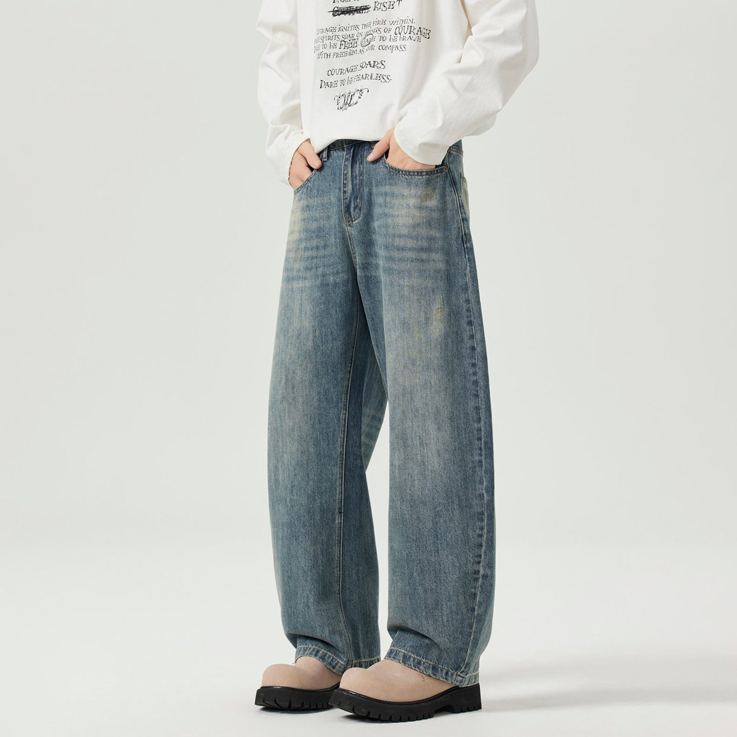 水洗复古蓝弯刀牛仔裤男春秋2026新款高腰宽松显瘦直筒拖地阔腿裤,男装,牛仔裤,淘宝优惠券,粉丝福利购,淘宝优惠卷