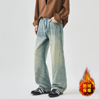 复古怀旧蓝牛仔裤加绒窄版直筒裤