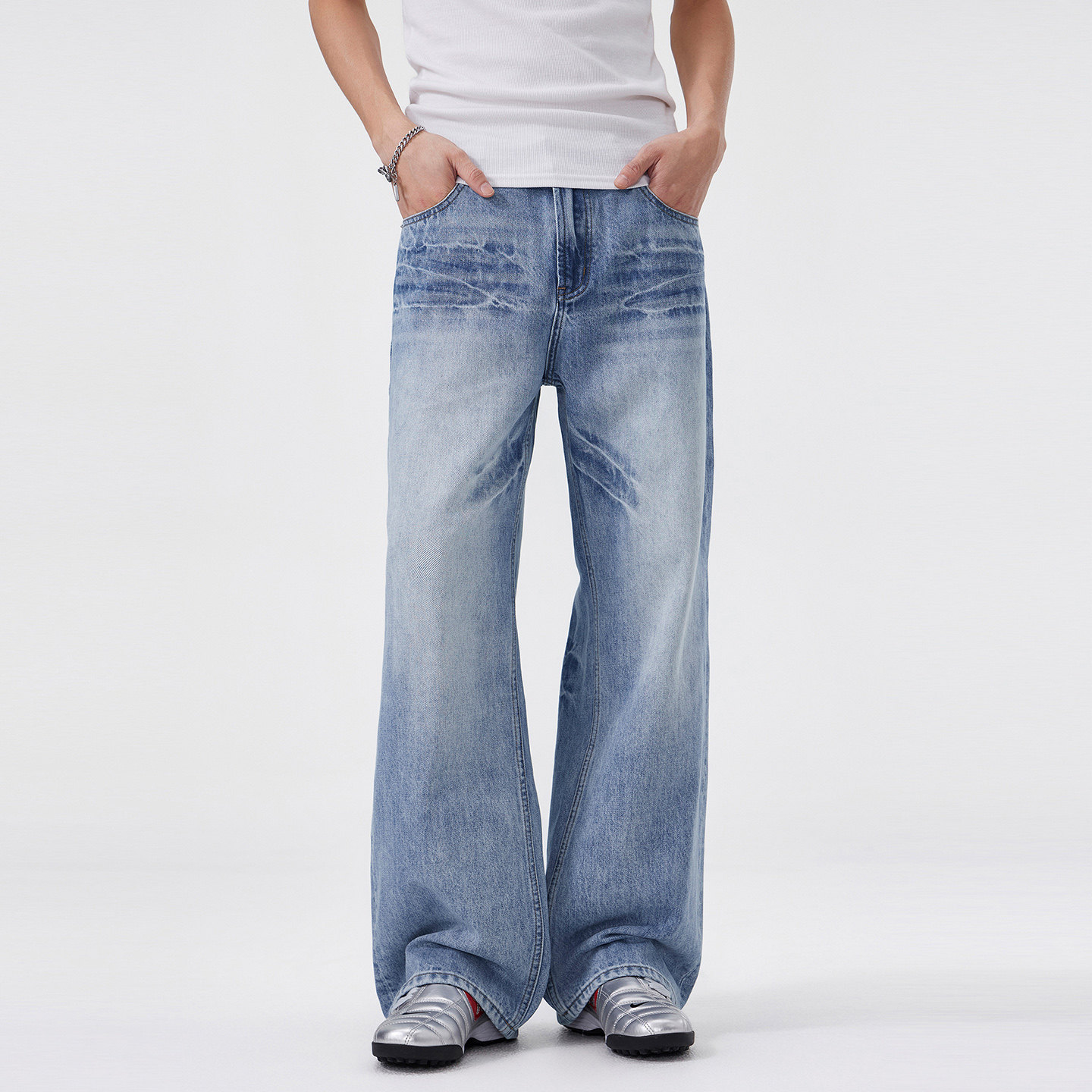 美式裂纹蓝色牛仔裤男春夏新款高腰微喇裤宽松显瘦垂感阔腿拖地裤,男装,牛仔裤,淘宝优惠券,粉丝福利购,淘宝优惠卷