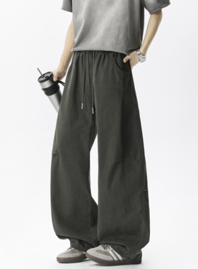 美式绿色工装裤男春夏高腰抽绳弯刀阔腿裤宽松直筒垂感休闲拖地裤
